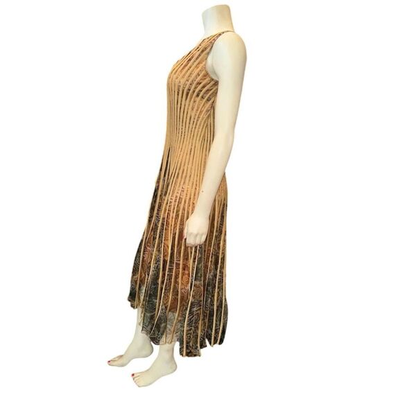 MODELLA Pleated Sleeveless Gold/ Multi-Color Print Overlay Midi Dress Size L - Picture 1 of 16